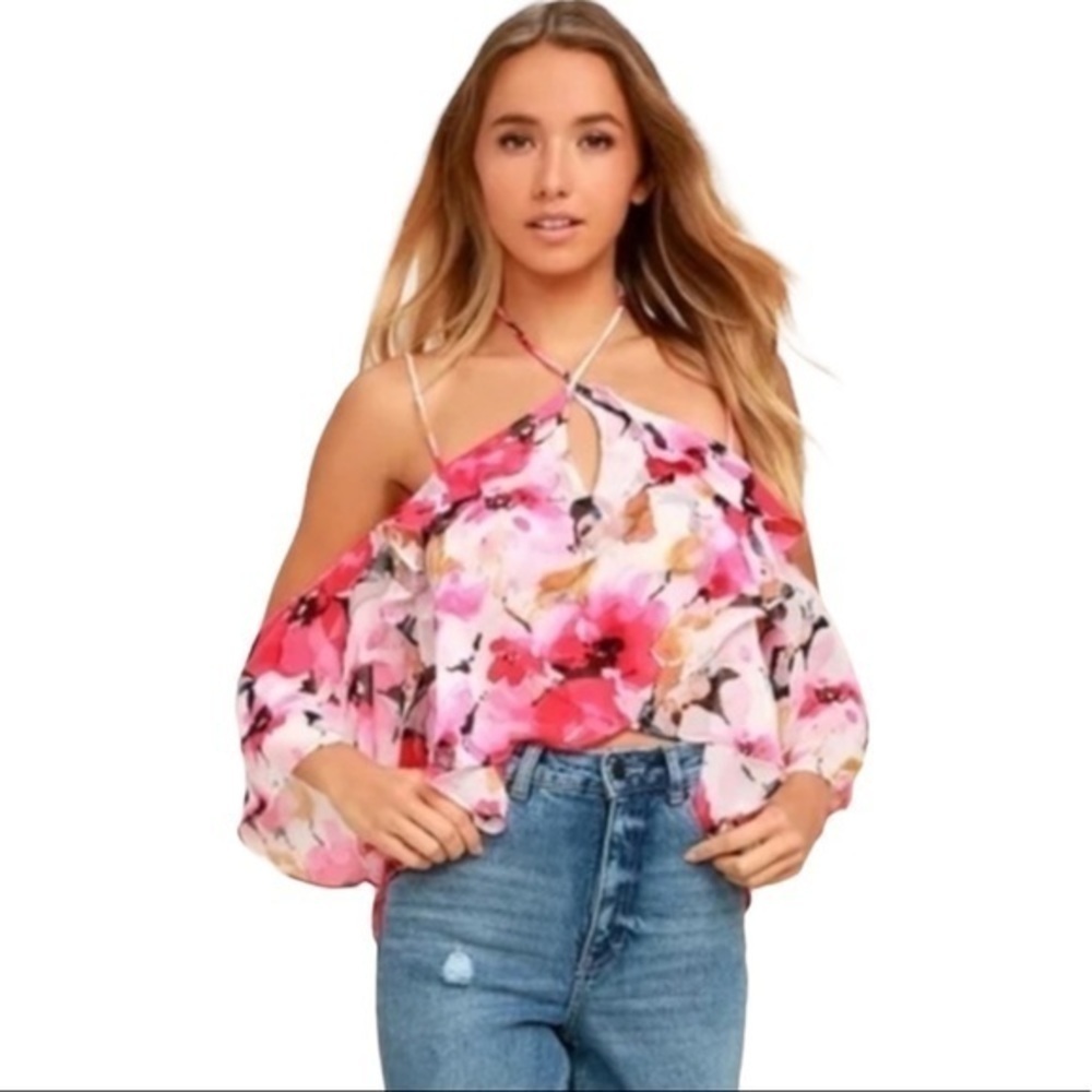 Lulus Cold Shoulder Floral Ruffle Blouse